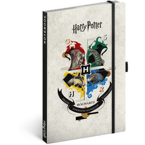 Keménytáblás notesz vonalas krémszínű lapokkal leszorító gumiszalaggal Harry Potter 130x210mm, Presco