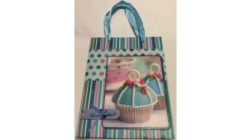 Dísztasak/ajándéktasak glitteres csíkos, pöttyös, muffin mintával szalagfüllel 18x23x9 cm UTOLSÓ DARABOK