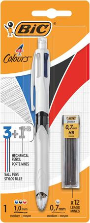 BIC Golyóstoll, háromszínű, nyomósirónnal egyben, BIC "4 Colours" + grafitbél