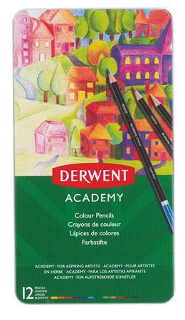 DERWENT Színes ceruza készlet, fém doboz, DERWENT "Academy", 12 különböző szín