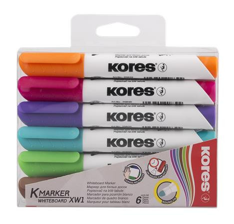 KORES Tábla- és flipchart marker készlet, 1-3 mm, kúpos, KORES "K-Marker", 6 különböző szín