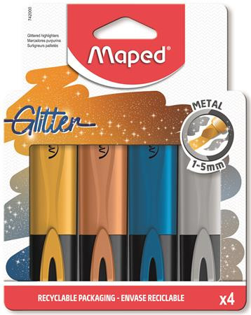 MAPED Szövegkiemelő készlet, 1-5 mm, MAPED "Glitter Fluo Peps", 4 különböző metálfényű szín