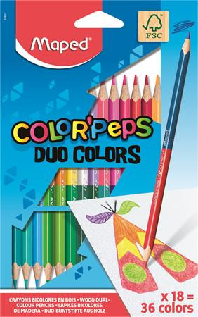 MAPED Színes ceruza készlet, háromszögletű, kétvégű, MAPED "Color'Peps Duo", 36 különböző szín