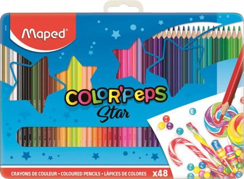 MAPED Színes ceruza készlet, háromszögletű, fém doboz, MAPED "Color'Peps Star", 48 különböző szín