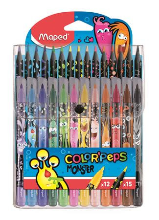 MAPED Filctoll és színes ceruza készlet, MAPED "Color'Peps Monster" 12+15 különböző szín