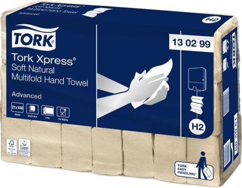 TORK Kéztörlő, Interfold hajtás, 2 rétegű, 180 lap, H2 rendszer, Advanced, TORK "Xpress Soft Multifold", natúr