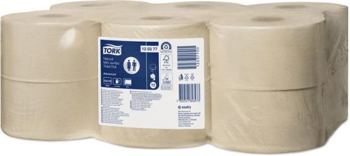 TORK Toalettpapír, T2 rendszer, 2 rétegű, 19 cm átmérő, Advanced, TORK "Mini Jumbo", natúr