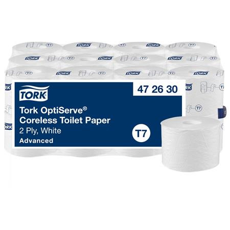 TORK Toalettpapír, belsőmag nélküli, T7 rendszer, 2 rétegű, 13,1 cm átmérő, Advanced, TORK "OptiServe", fehér