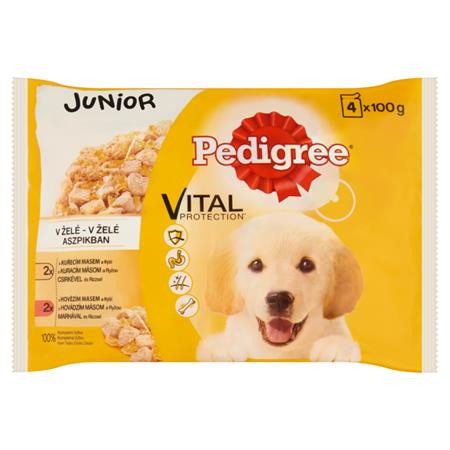 PEDIGREE Kutyaeledel, alutasakos, 4x100 g, PEDIGREE "Junior", csirke és rizs, marha és rizs