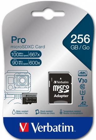 VERBATIM Memóriakártya, microSDXC, 256GB, CL10/U3/A2, 100/90 MB/s, adapter, VERBATIM "PRO"