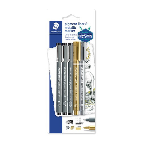 Művészeti tusfilc Staedtler Design Journey fekete 3 db + 2 db metálszínű marker