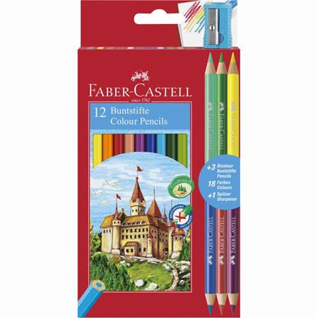 FABER-CASTELL Színes ceruza készlet, hatszögletű, FABER-CASTELL, 12 különböző szín + 3 db bicolor ceruza