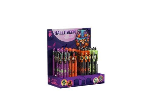 ICO Golyóstoll display, 0,8 mm, nyomógombos, mintás tolltest, "Halloween", kék, 48 darabos