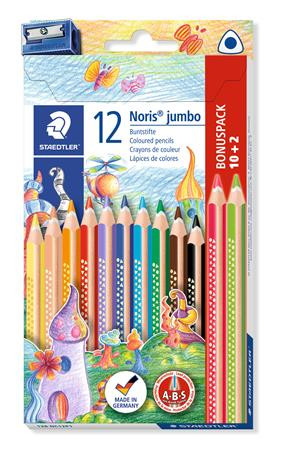 STAEDTLER Színes ceruza készlet, háromszögletű, vastag, hegyezővel, STAEDTLER "Noris® Jumbo 128", 10+2 különböző szín