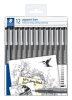 STAEDTLER Tusfilc készlet, 12 különböző vonalvastagság, STAEDTLER "Pigment Liner 308", fekete