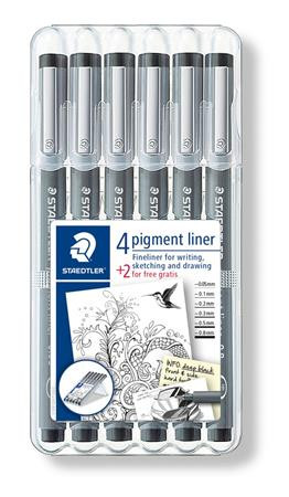 STAEDTLER Tusfilc készlet, STAEDTLER "Pigment Liner 308", fekete, 4+2 darab