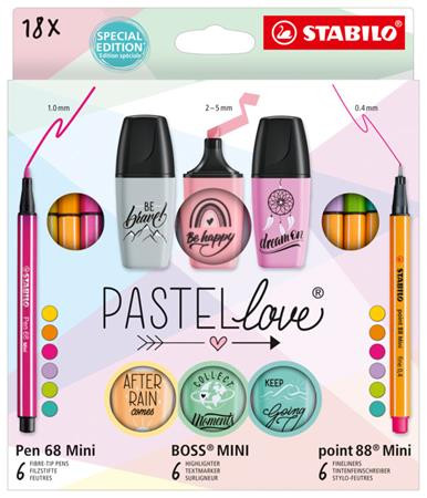 STABILO Írószer szett, STABILO, "Mini World Pastellove", 18 különböző szín