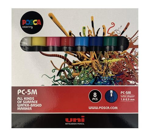 UNI Dekormarker készlet, 1,8-2,5 mm, UNI "Posca PC-5M", 8 különböző szín