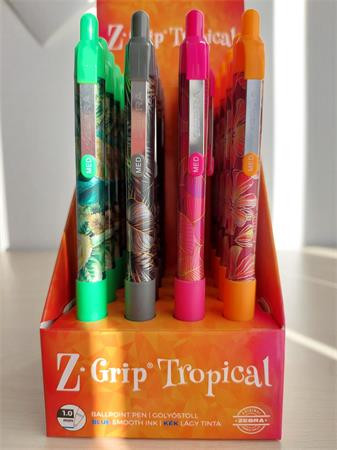 ZEBRA Golyóstoll display, 0,27 mm, nyomógombos, ZEBRA "Z-Grip Tropical", kék, 4 különböző minta