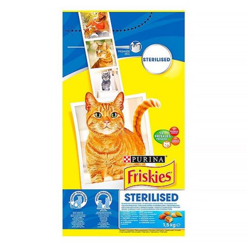 Állateledel száraz PURINA Friskies Sterilcat ivartalanított macskáknak lazaccal és zöldségekkel 1,5kg