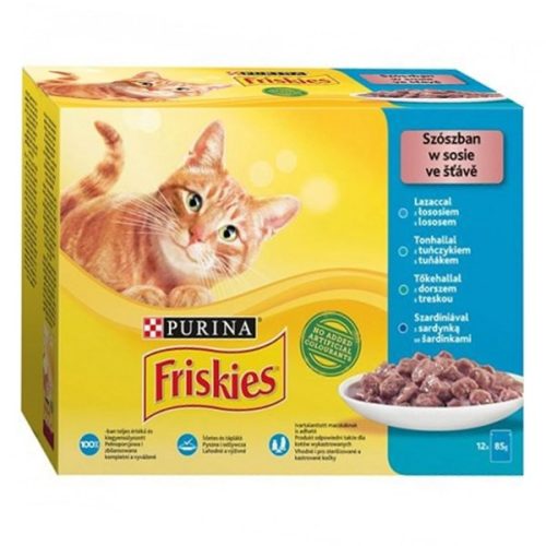 Állateledel alutasakos PURINA Friskies macskáknak lazac-tonhal-tőkehal-szardínia 12x85g