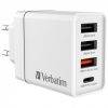 VERBATIM Hálózati töltő, 1xUSB-C PD (20W), USB-A QC 3.0, 2xUSB-A (10W), VERBATIM, fehér